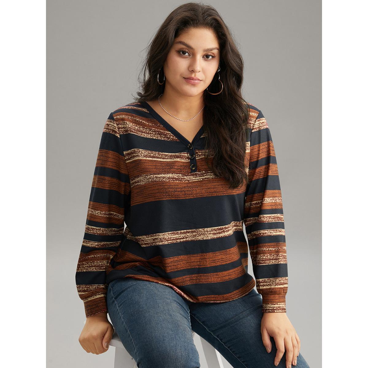 Plus Size Colour Striped Button Up Sweatshirt Women Multicolor Elegant Contrast V-neck Dailywear Sweatshirts BloomChic 26/4X Product Image