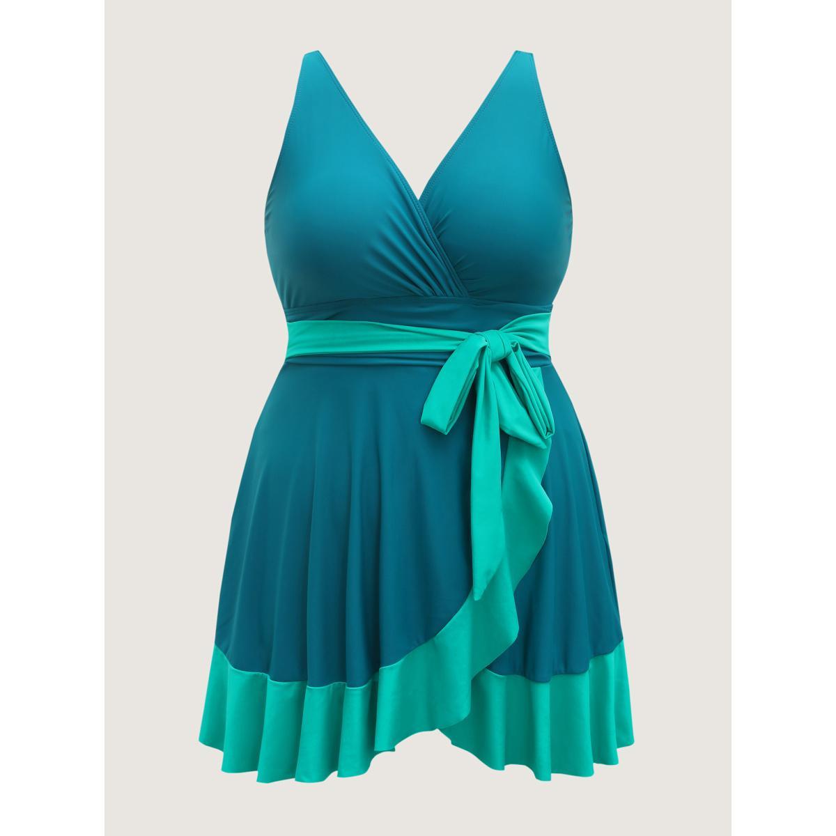 Plus Size Color Block Ruffled Hem Swim Dress Women's Swimwear Teal Beach Bodycon Overlap Collar High stretch Curve Swim Dresses BloomChic 26/4X Product Image