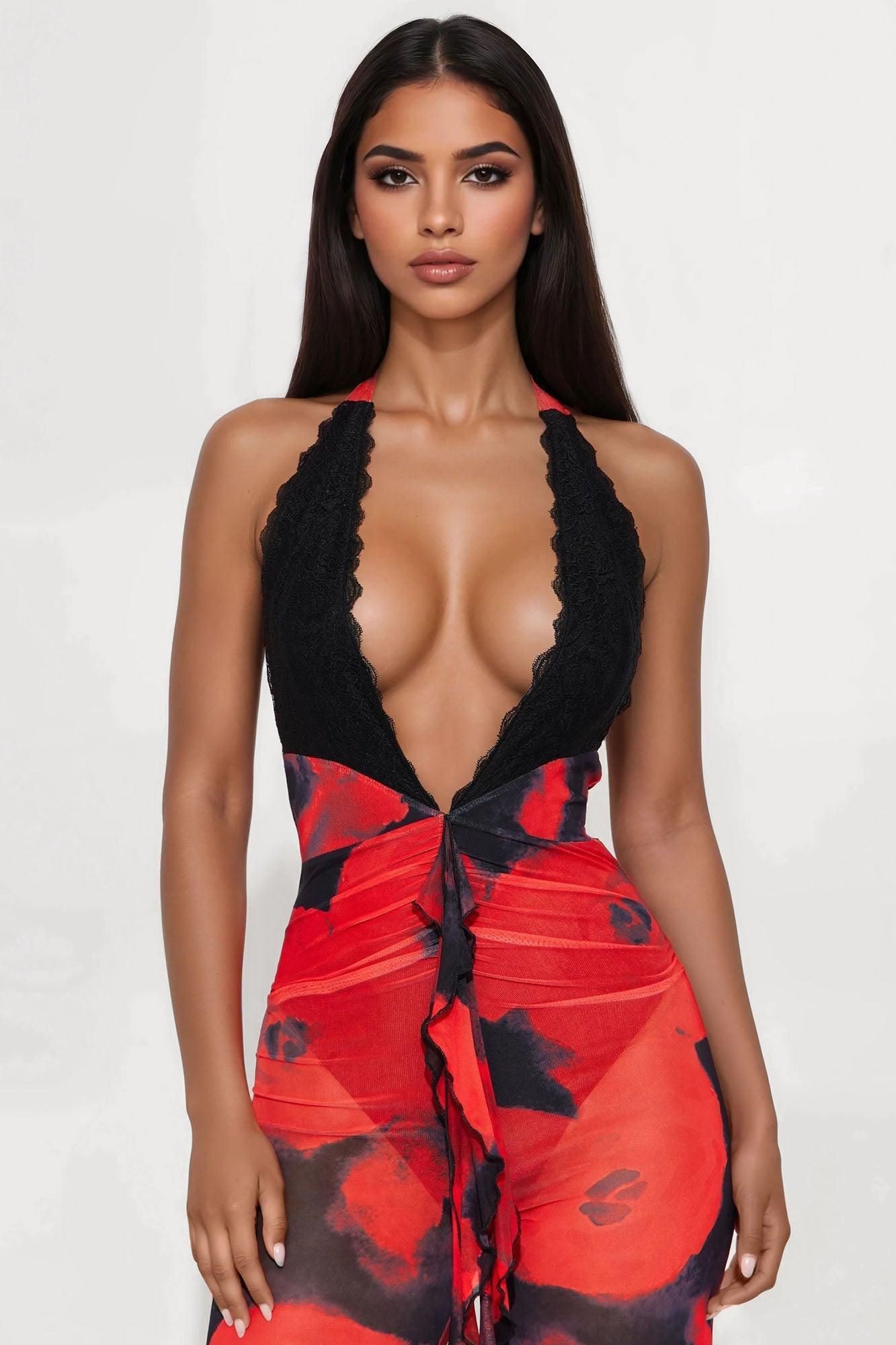 Rosemary Halter Mesh Jumpsuit - Red/Black Product Image