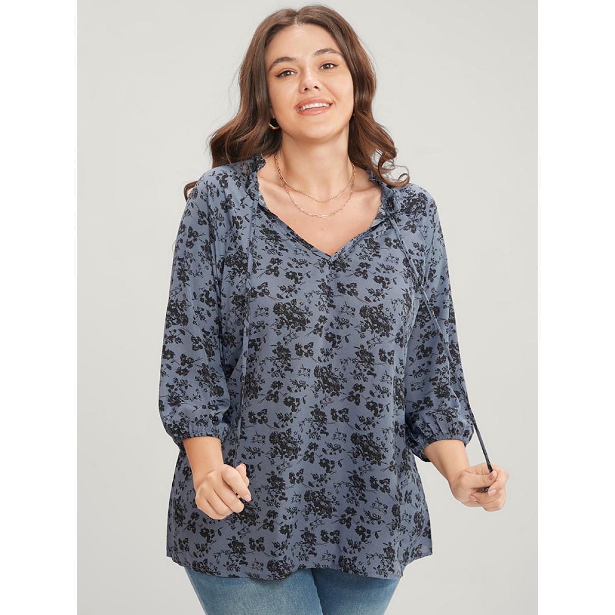 Plus Size Stone Floral Print Lantern Sleeve Tie V Neck Blouse Women Elegant Elbow-length sleeve V-neck Dailywear Blouses BloomChic 14-16/1X Product Image