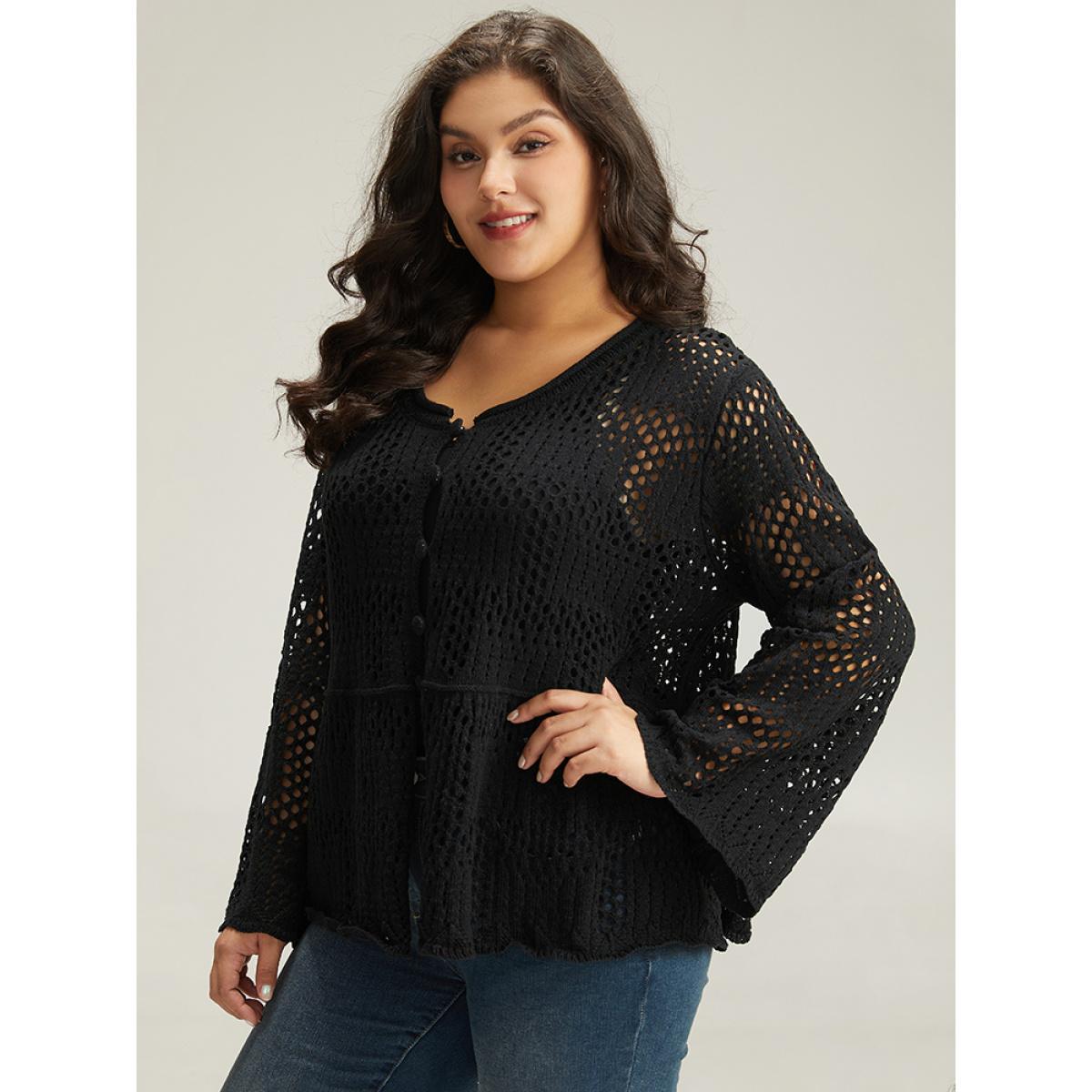 Plus Size Plain Hollow Out Button Through Bell Sleeve Cardigan Black Women Casual Loose Long Sleeve Everyday Cardigans BloomChic 22-24/3X Product Image