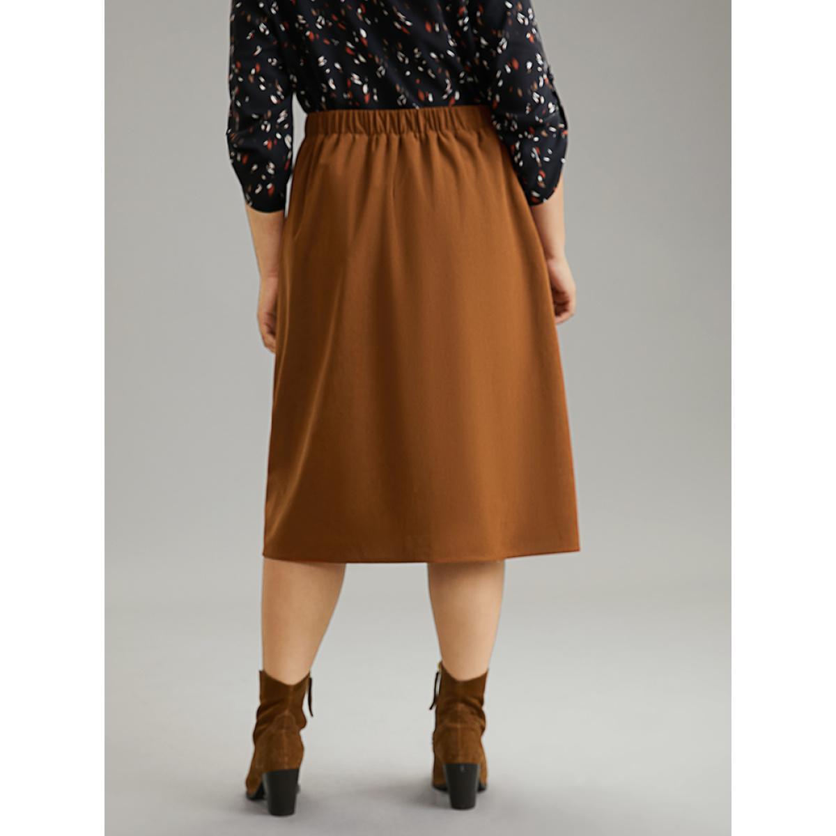 Plus Size Plain Texture Elastic Waist Pocket Split Front Skirt Women Tan Office Texture No stretch Pocket Work Skirts BloomChic 30/6X Product Image