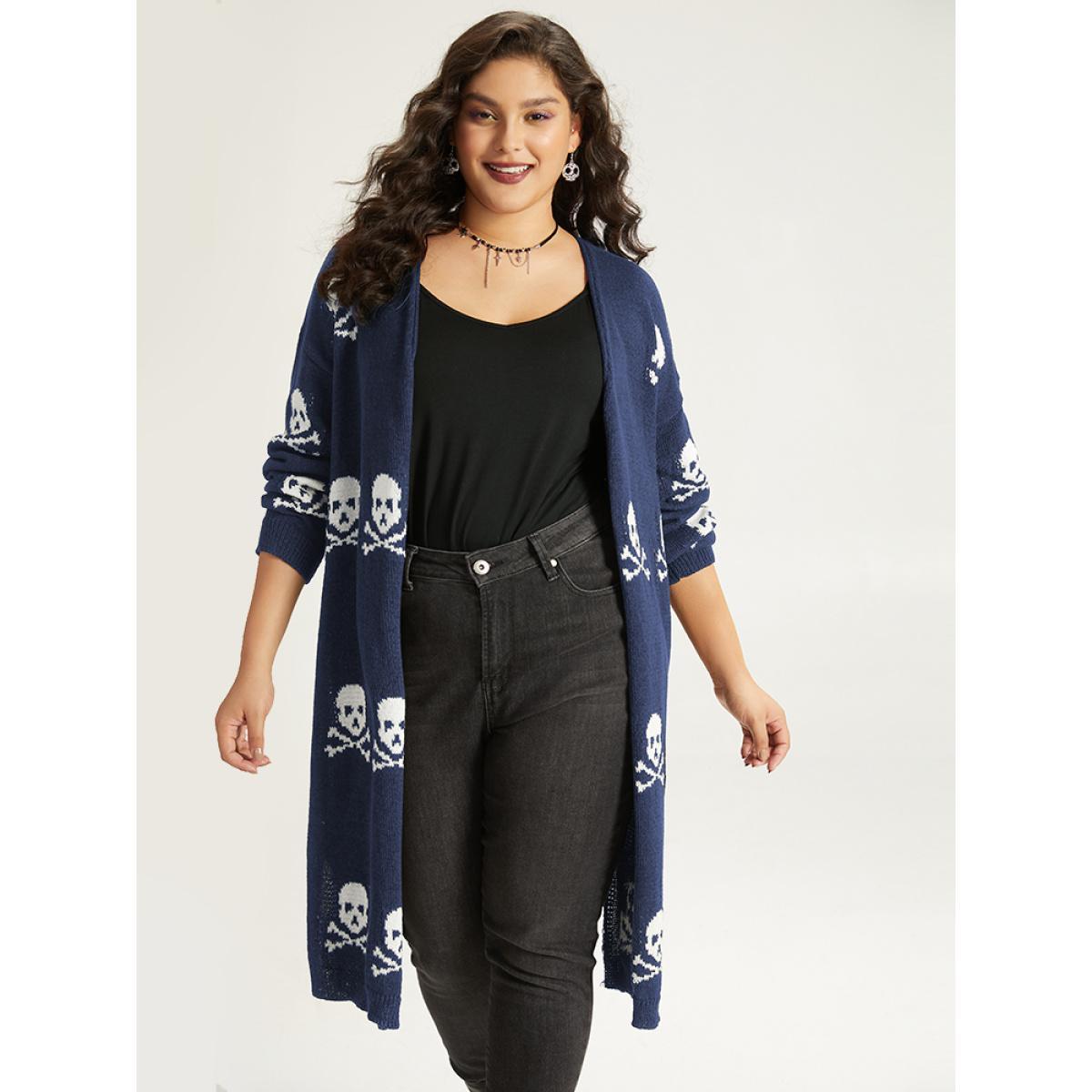 Plus Size Halloween Skull Print Split Side Drop Shoulder Maxi Cardigan Indigo Women Casual Loose Long Sleeve Festival-Halloween Cardigans BloomChic 14-16/1X Product Image