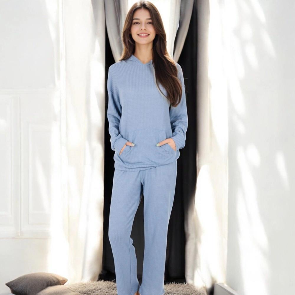Anna-Kaci Women's Waffle Knit Hoodie Lounge Set with Front Pocket and Relaxed Fit Pants Product Image