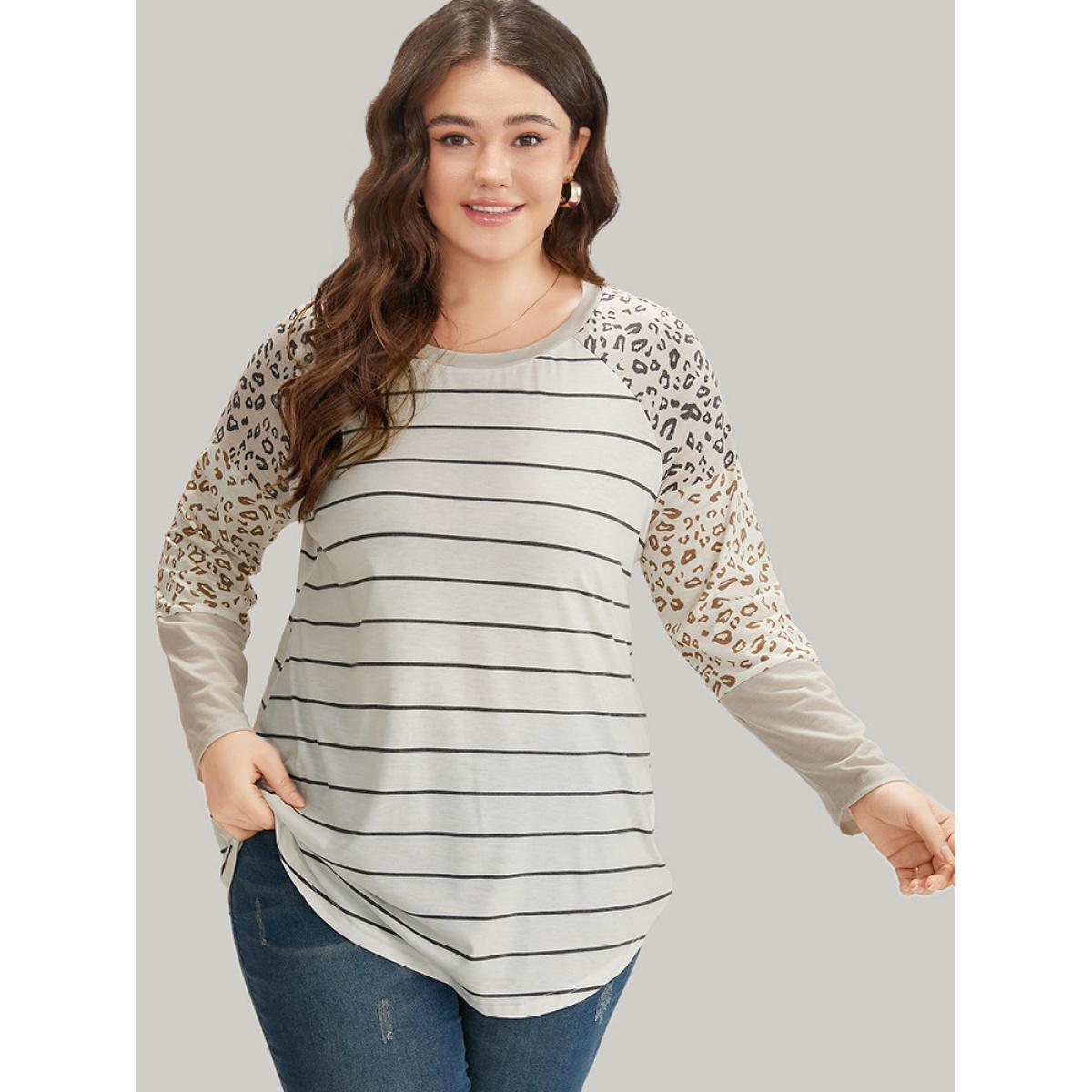 Plus Size Leopard Striped Patchwork Raglan Sleeve T-shirt Multicolor Women Casual Patchwork Leopard Round Neck Dailywear T-shirts BloomChic 12/L Product Image