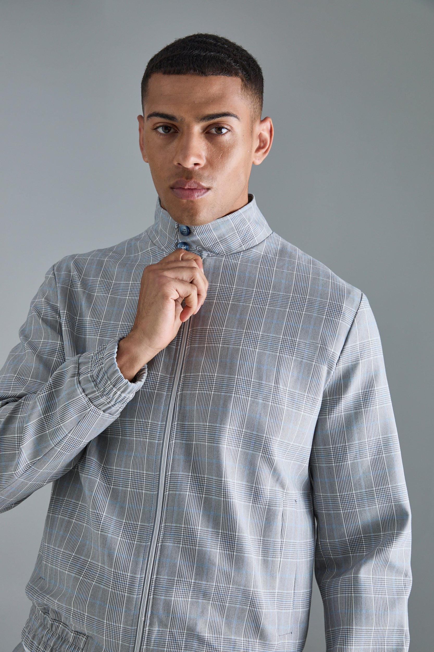 Plaid High Neck Zip Up Smart Bomber Jacket | boohooMAN USA Product Image