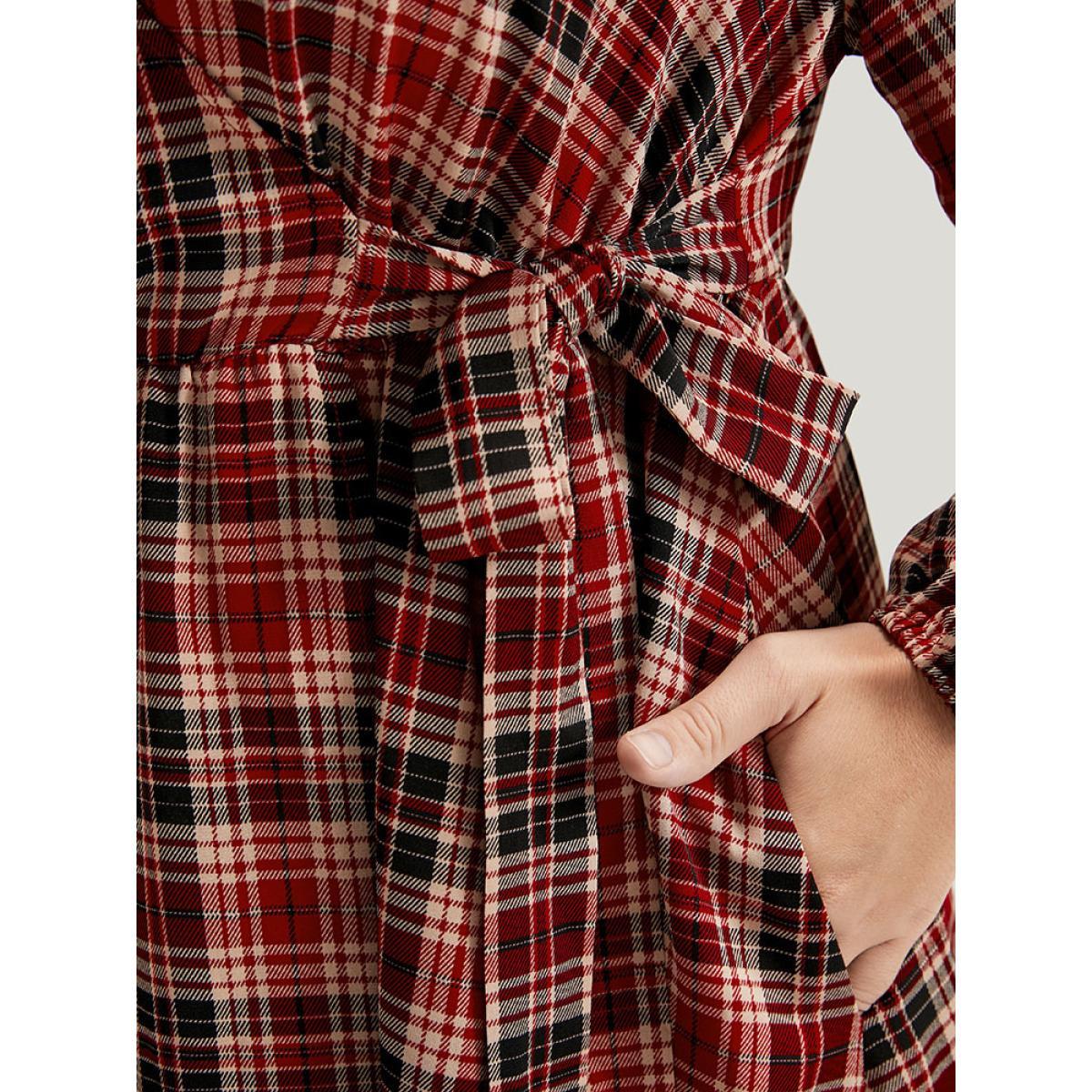 Plus Size Tartan Wrap Lantern Sleeve Pocket Knotted Split Dress Maroon Women Elegant Knotted V-neck Long Sleeve Curvy Midi Dress BloomChic 28/5X Product Image
