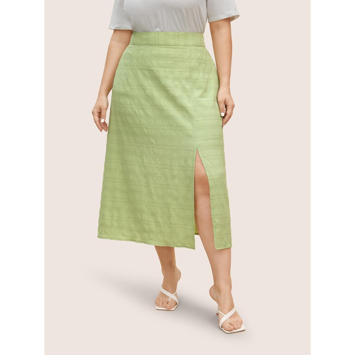 Plus Size Plain Textured Elastic Waist Split Front Skirt Women LightGreen Elegant Texture No stretch Everyday Skirts BloomChic 18-20/2X Product Image