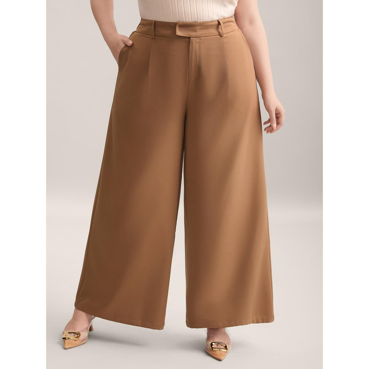 Plus Size Stretchy Waist Pleated Wide-Leg Pants Women Wheat At the Office Wide Leg Mid Rise Work Pants BloomChic 12/L Product Image