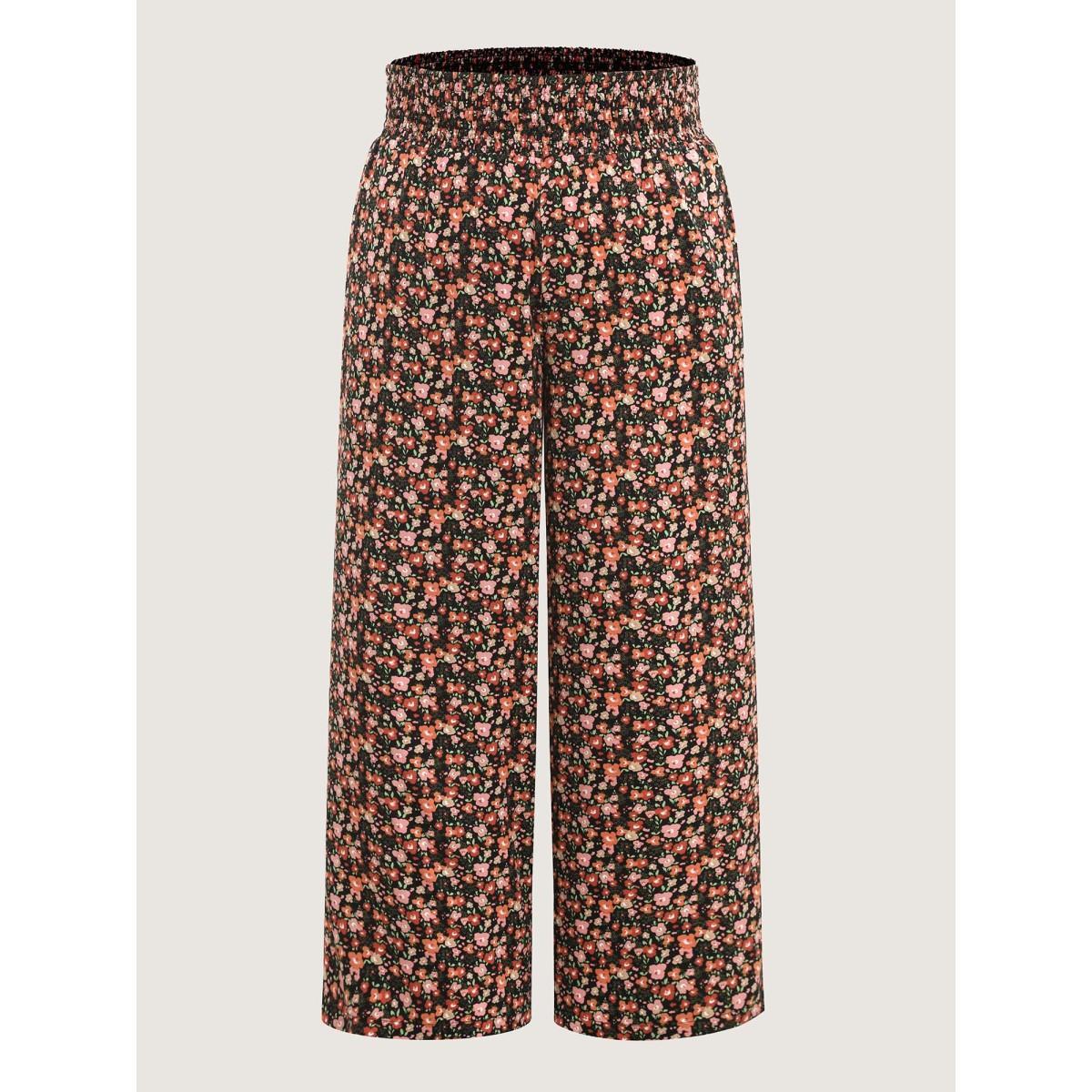Plus Size Shirred Waist Ditsy Floral Wide-Leg Pants Women BlackFlower Resort Wide Leg Mid Rise Vacation Pants BloomChic 12/L Product Image
