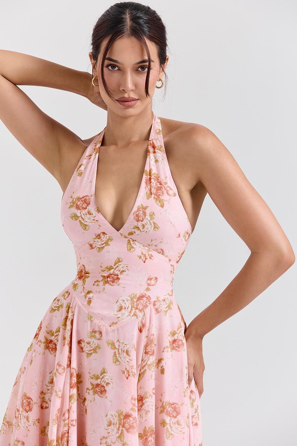 Solada English Vintage Rose Print Georgette Halter Sundress Product Image