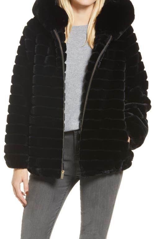 Women's Gallery Hooded Grooved Faux-Fur Jacket, Size: Small, Black Product Image
