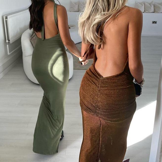 Sleeveless Plunged Plain Maxi A-Line Dress Product Image