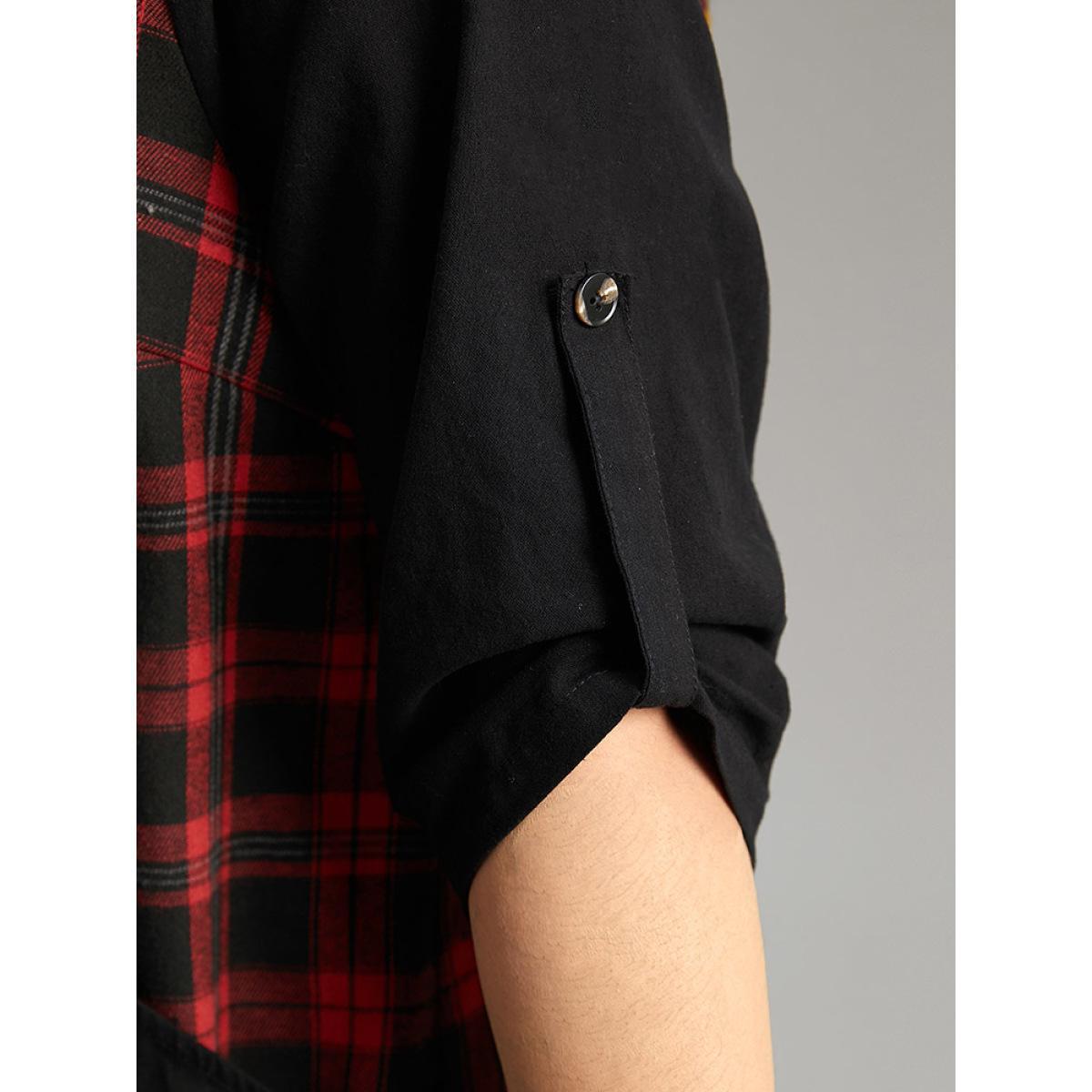 Plus Size Black Plaid Patchwork Wrap Tab Sleeve Blouse Women Casual Elbow-length sleeve V-neck Everyday Blouses BloomChic 10/M Product Image