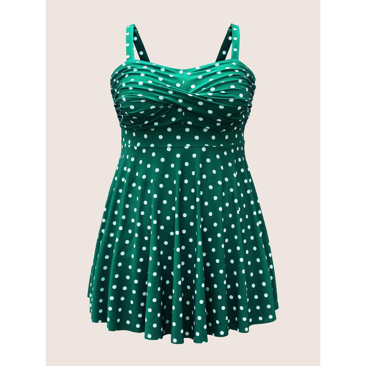 Plus Size Polka Dot Ruched Fit Flare Swim Dress Women's Swimwear Green Beach Bodycon Strapless High stretch Curve Swim Dresses BloomChic 18-20/2X Product Image