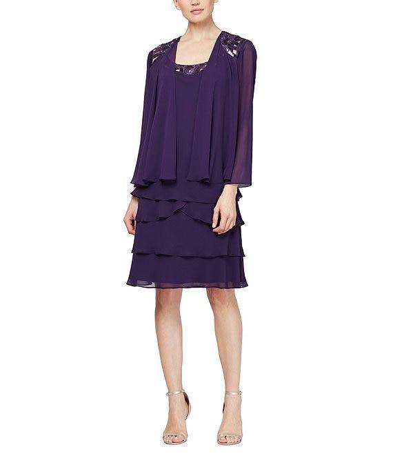 Ignite Evenings Sequin Detail Scoop Neck Long Sleeve Chiffon Tiered 2-Piece Jacket Dress Product Image