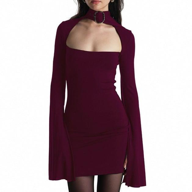 Flared-Sleeve Mock Neck Plain Buckled Mini Bodycon Dress Product Image
