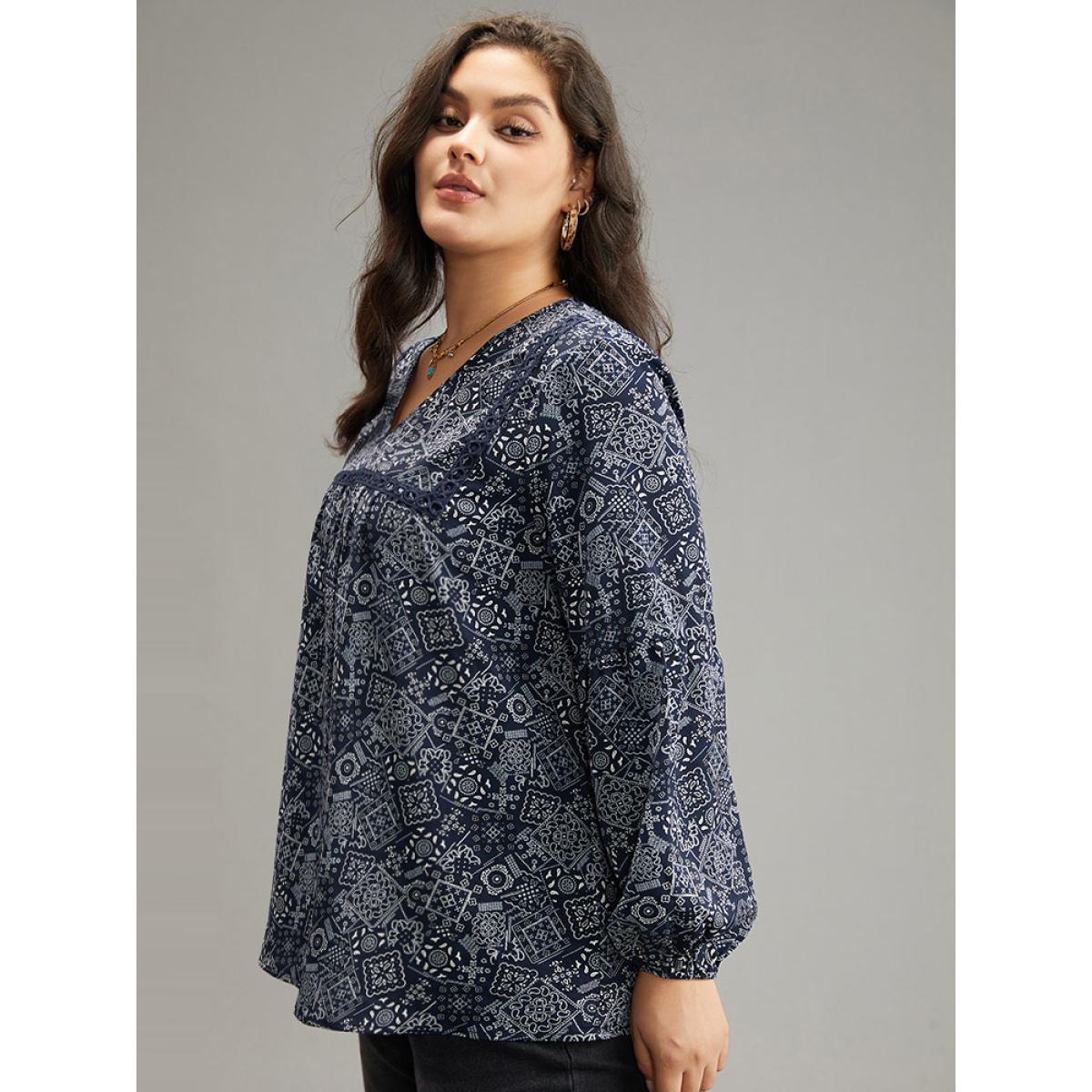 Plus Size Indigo Bandana Lace Insert Lantern Sleeve Blouse Women Resort Long Sleeve V-neck Vacation Blouses BloomChic 28/5X Product Image