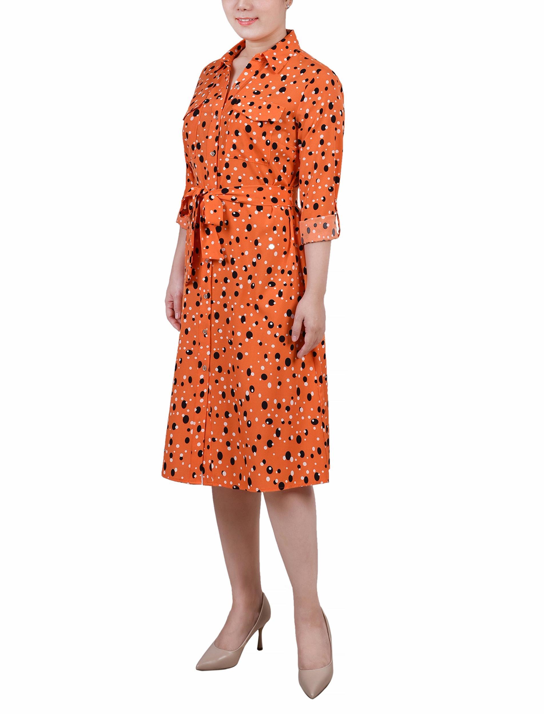 Cypress Inca Gold Navy Zigzag 3/4 Roll Tab Sleeve Belted Shirtdress - Petite Product Image