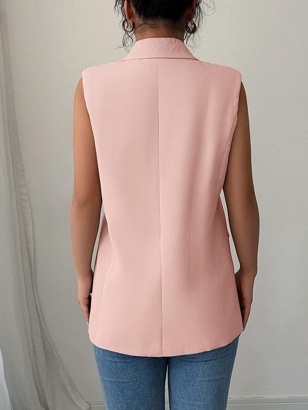 Loose Sleeveless Buttoned Pockets Notched Collar Blazer Vest Top Product Image