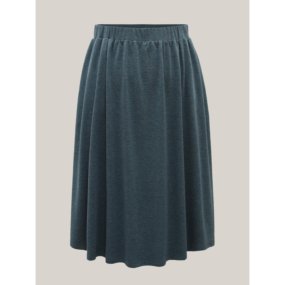 Plus Size Heather Stretchy-Waist Pleated Midi Skirt Women DarkSlateGray Elegant Gathered Medium stretch Slanted pocket Everyday Skirts BloomChic 28/5X Product Image