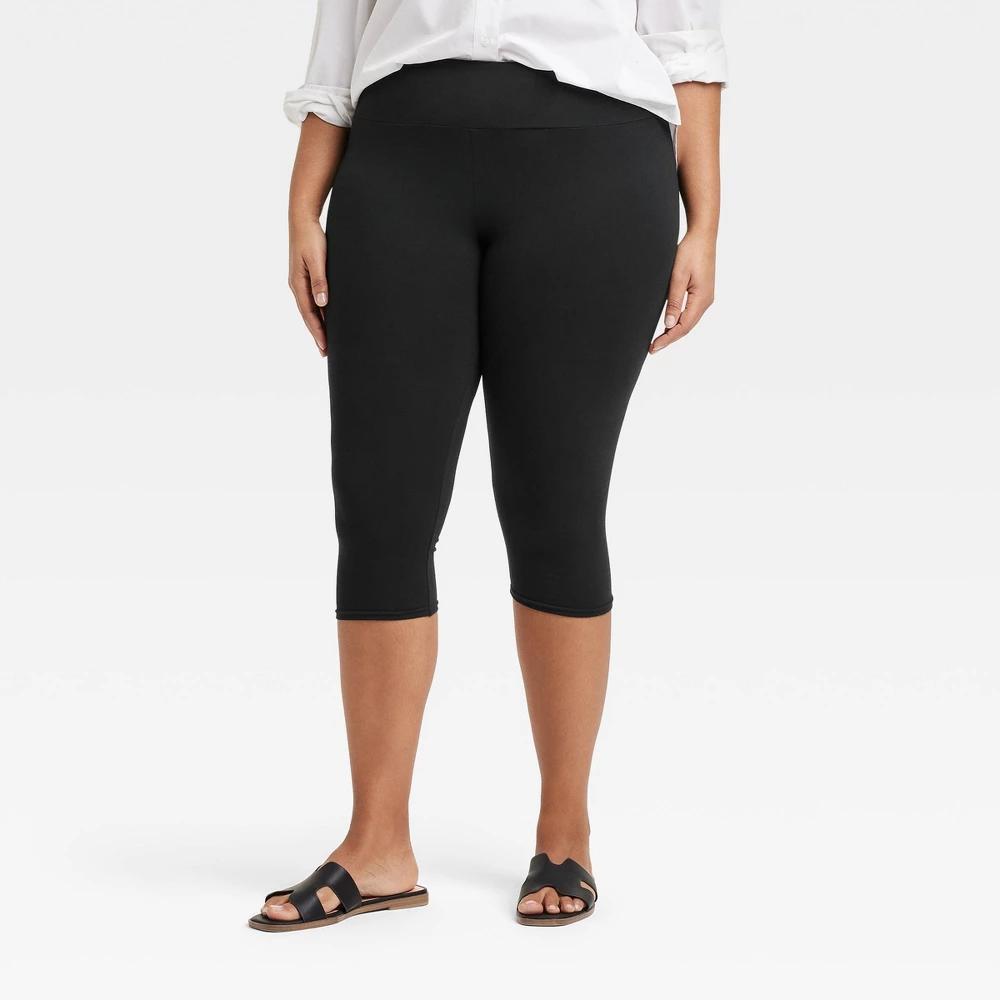 Women's High Rise Cotton Capri Leggings - A New Day™ Black L: Midweight, Wide Waistband, Stretch Woven Product Image