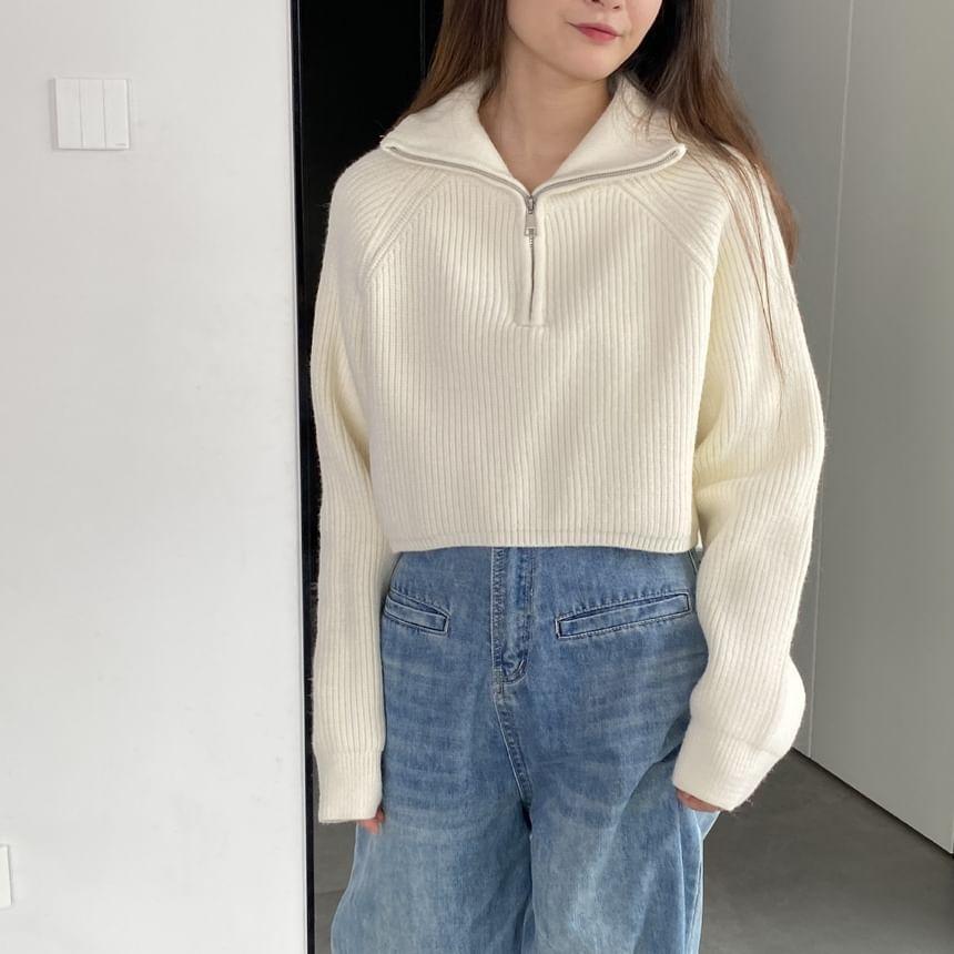 Turtleneck Half Zip Plain Ribbed Knit Crop Sweater Product Image