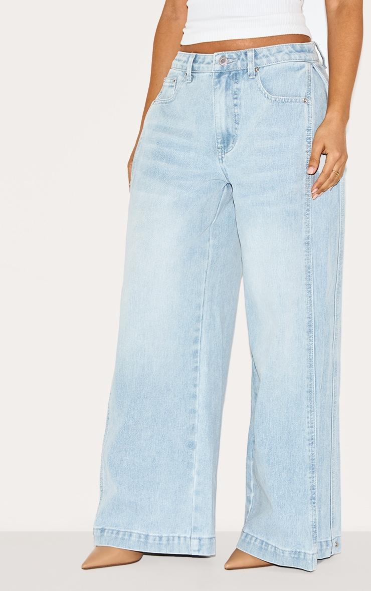 Petite Light Blue Denim Side Pleated Detail Wide Leg Jeans Product Image