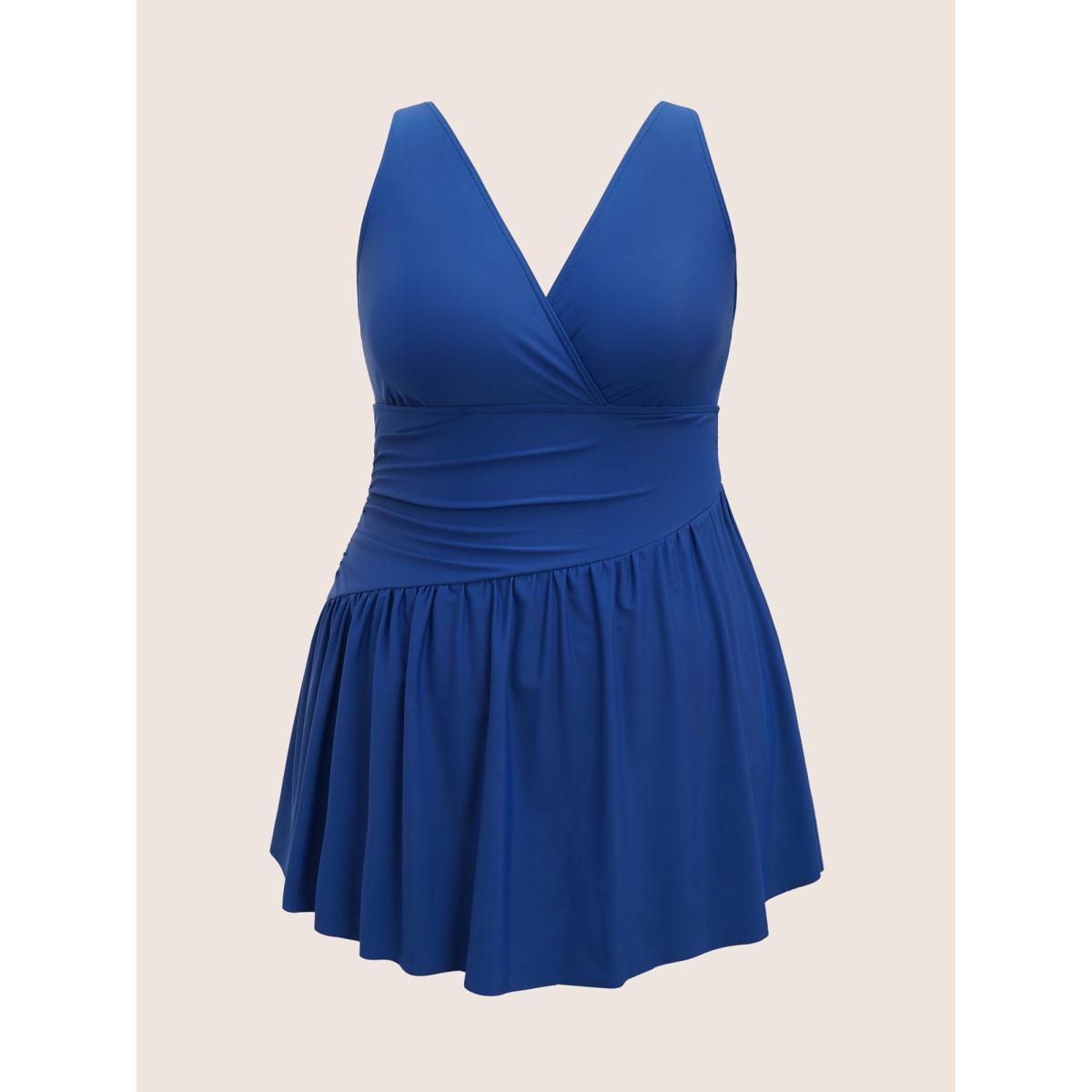 Plus Size Solid Surplice Neck Gathered Swim Dress Women's Swimwear Indigo Beach Bodycon V-neck High stretch Curve Swim Dresses BloomChic 22-24/3X Product Image