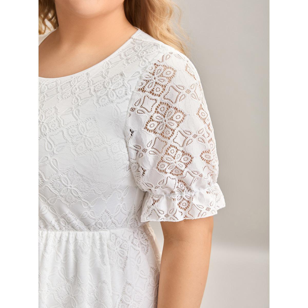 Plus Size Textured Ruffled Sleeve Pockets Midi Dress Ivory Women Elegant Texture Round Neck Short sleeve Curvy BloomChic 18-20/2X Product Image
