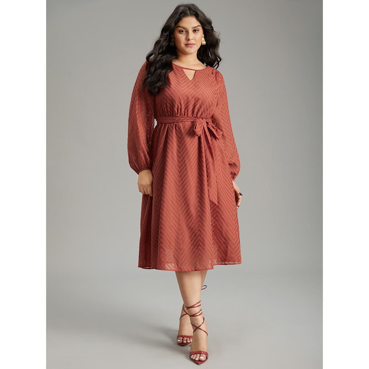 Plus Size Plain Mesh Texture Keyhole Belted Lantern Sleeve Dress Rust Women Office Elastic cuffs Keyhole Cut-Out Long Sleeve Curvy Midi Dress BloomChic 14-16/1X Product Image