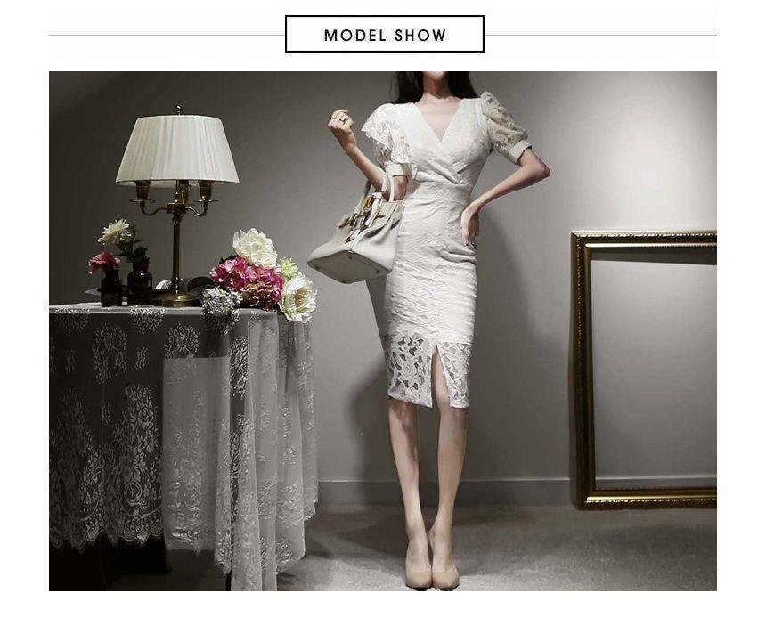 Puff-Sleeve V-Neck Plain Front-Slit Lace Sheath Dress Product Image
