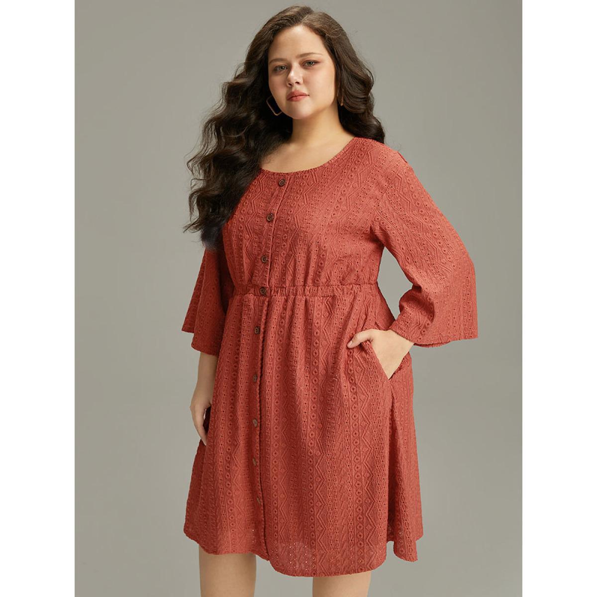 Plus Size Broderie Anglaise Button Through Pocket Dress Rust Women Casual Texture Round Neck Long Sleeve Curvy Knee Dress BloomChic 22-24/3X Product Image