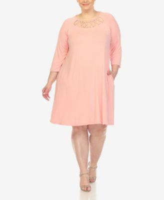 White Mark Plus Size Criss Cross Neckline 3/4 Sleeve Swing Dress Product Image