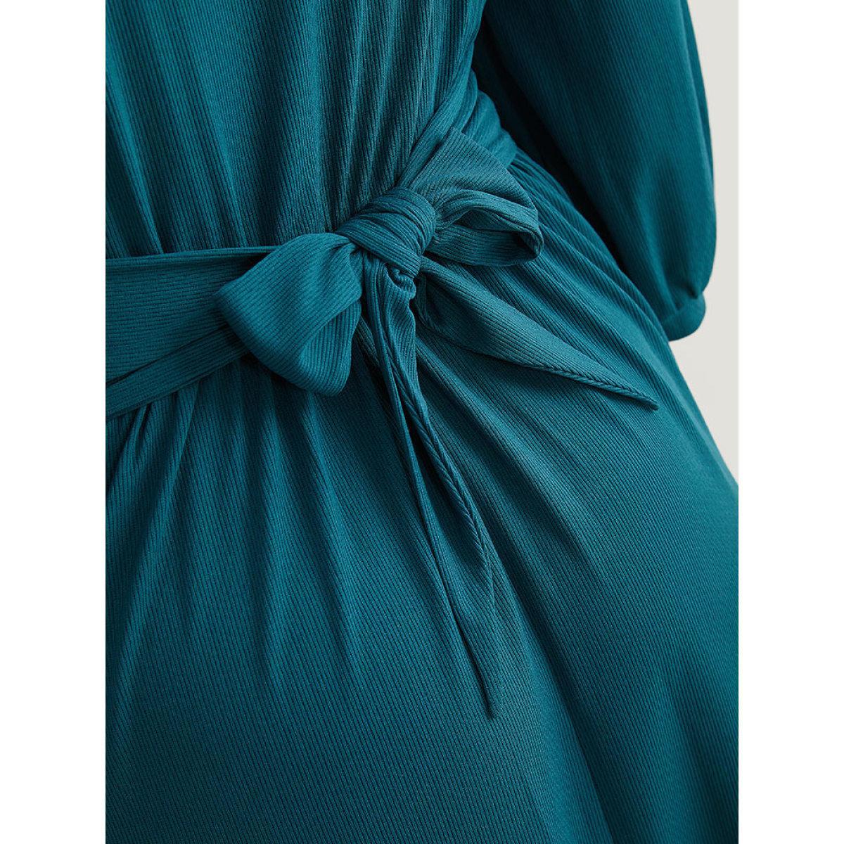 Plus Size Rib Knit Bowknot Ties Button Detail Gathered Dress Aegean Women Casual Plain V-neck Elbow-length sleeve Curvy Midi Dress BloomChic 14-16/1X Product Image
