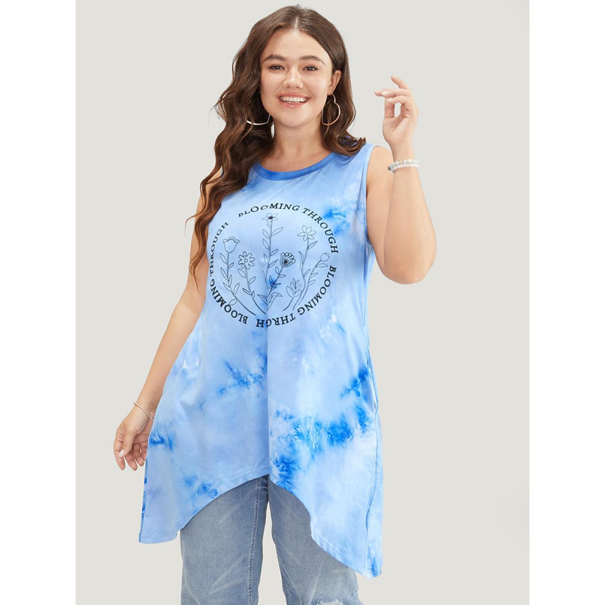 Plus Size Floral & letter Print Asymmetrical Hem Tie Dye Tank Top Women LightBlue Casual Printed Dailywear Tank Tops Camis BloomChic 12/L Product Image