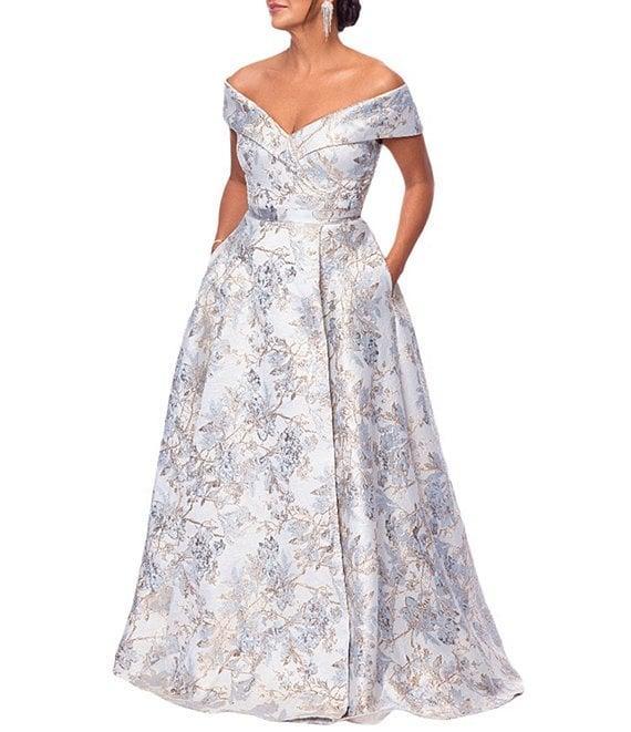 Xscape Brocade Floral Print Sweetheart Neck Short Sleeve A-Line Gown Product Image