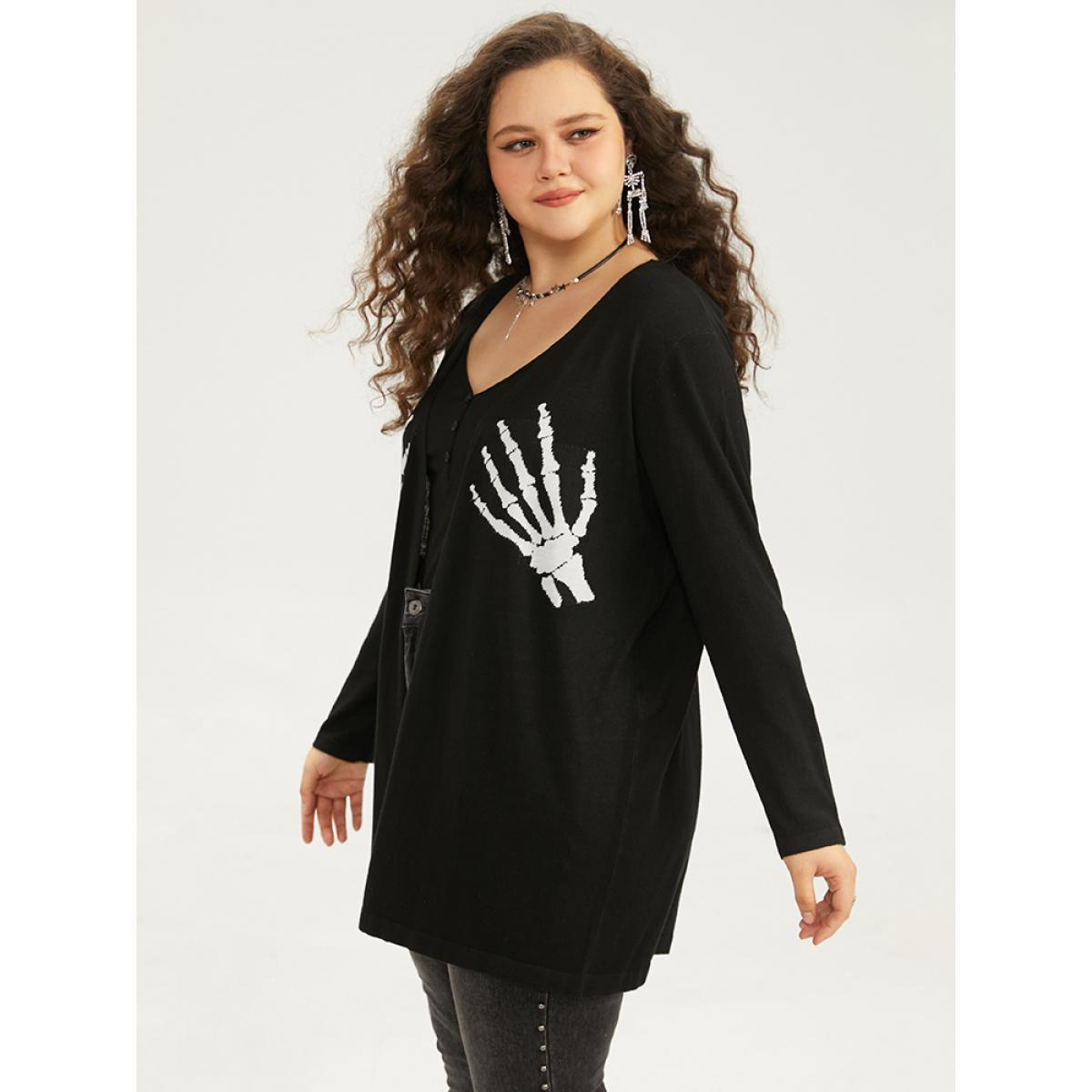Plus Size Supersoft Essentials Halloween Skull Print Open Front Cardigan Black Women Casual Long Sleeve Festival-Halloween Cardigans BloomChic 14-16/1X Product Image