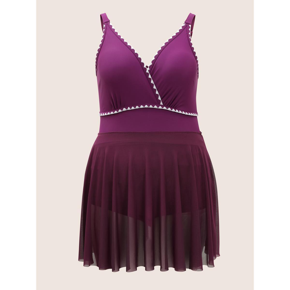 Plus Size Contrast Embroidered Overlap Collar Swim Dress Women's Swimwear Purple Beach Bodycon Overlap Collar High stretch Curve Swim Dresses BloomChic 14-16/1X Product Image