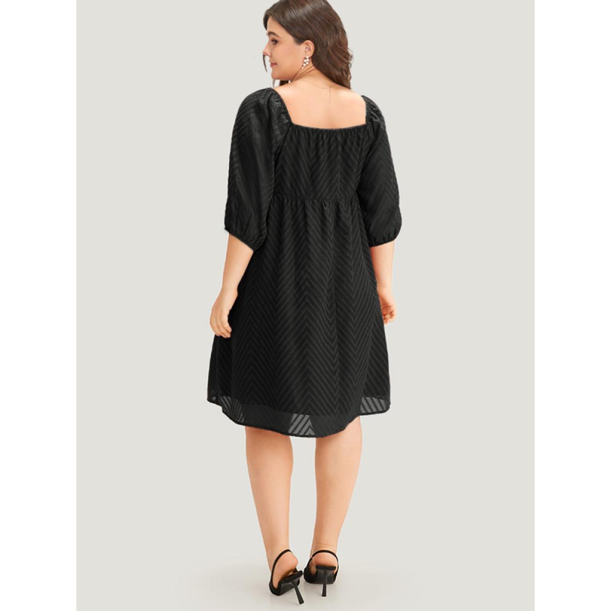 Plus Size Plisse Solid Square Neck Lantern Sleeve Dress Black Women Office Lined Square Neck Half Sleeve Curvy Midi Dress BloomChic 18-20/2X Product Image