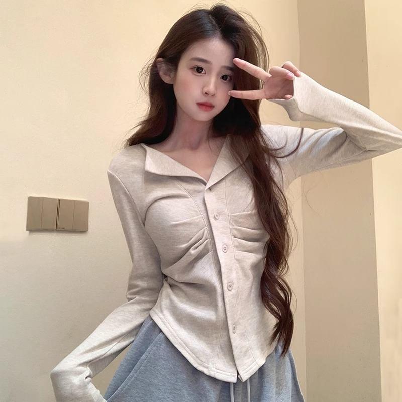 Split Neck Plain Ruched Button-Up Cardigan Product Image