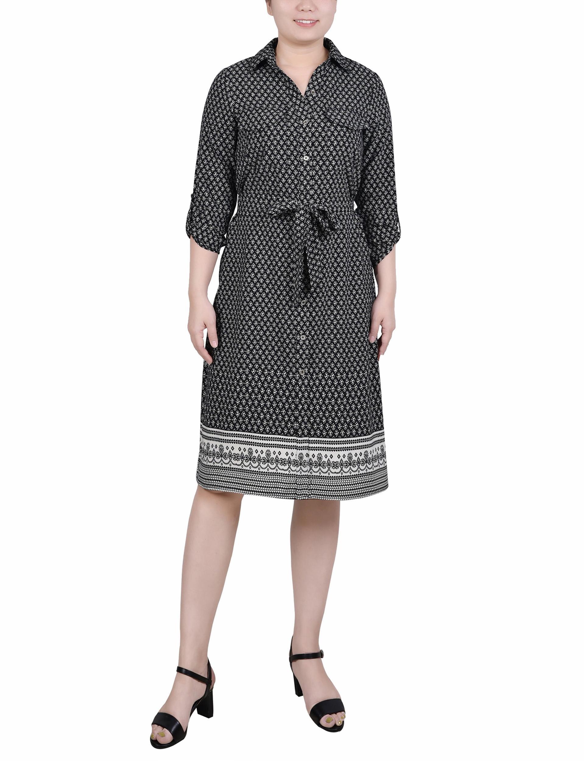 Cypress Inca Gold Navy Zigzag 3/4 Roll Tab Sleeve Belted Shirtdress - Petite Product Image