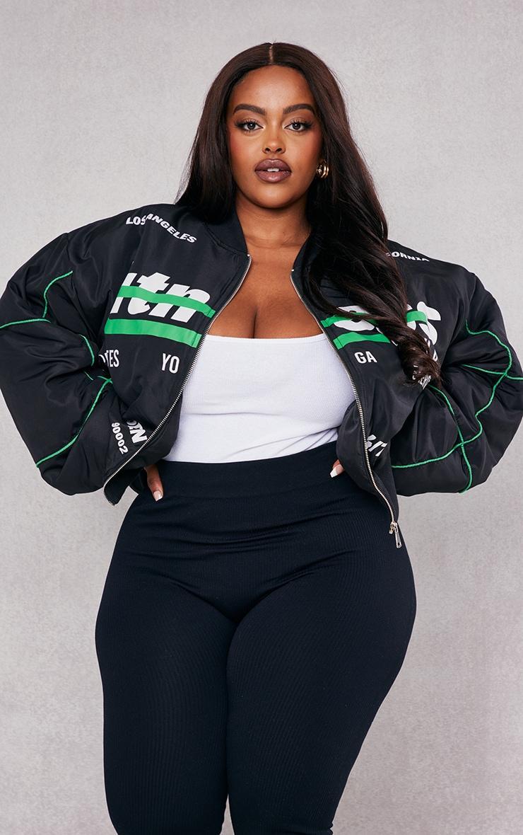 Plus Black Printed Nylon Bomber Jacket  Product Image