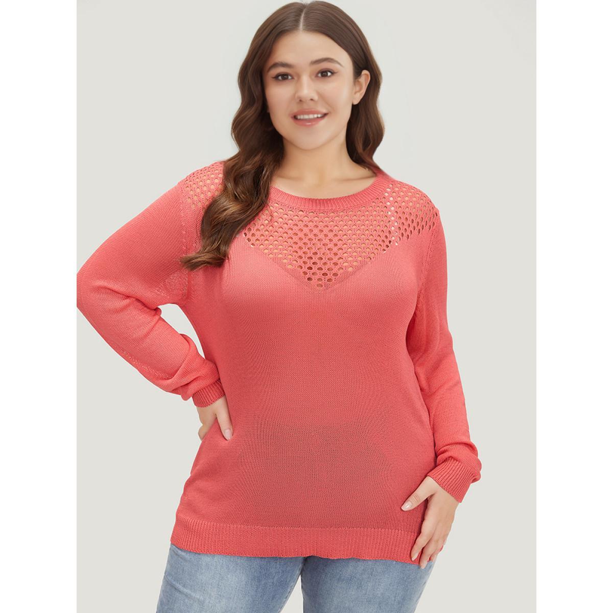 Plus Size Plain Patchwork Cut Out Round Neck Pullover Watermelon Women Casual Bodycon Long Sleeve Round Neck Everyday Pullovers BloomChic 28/5X Product Image