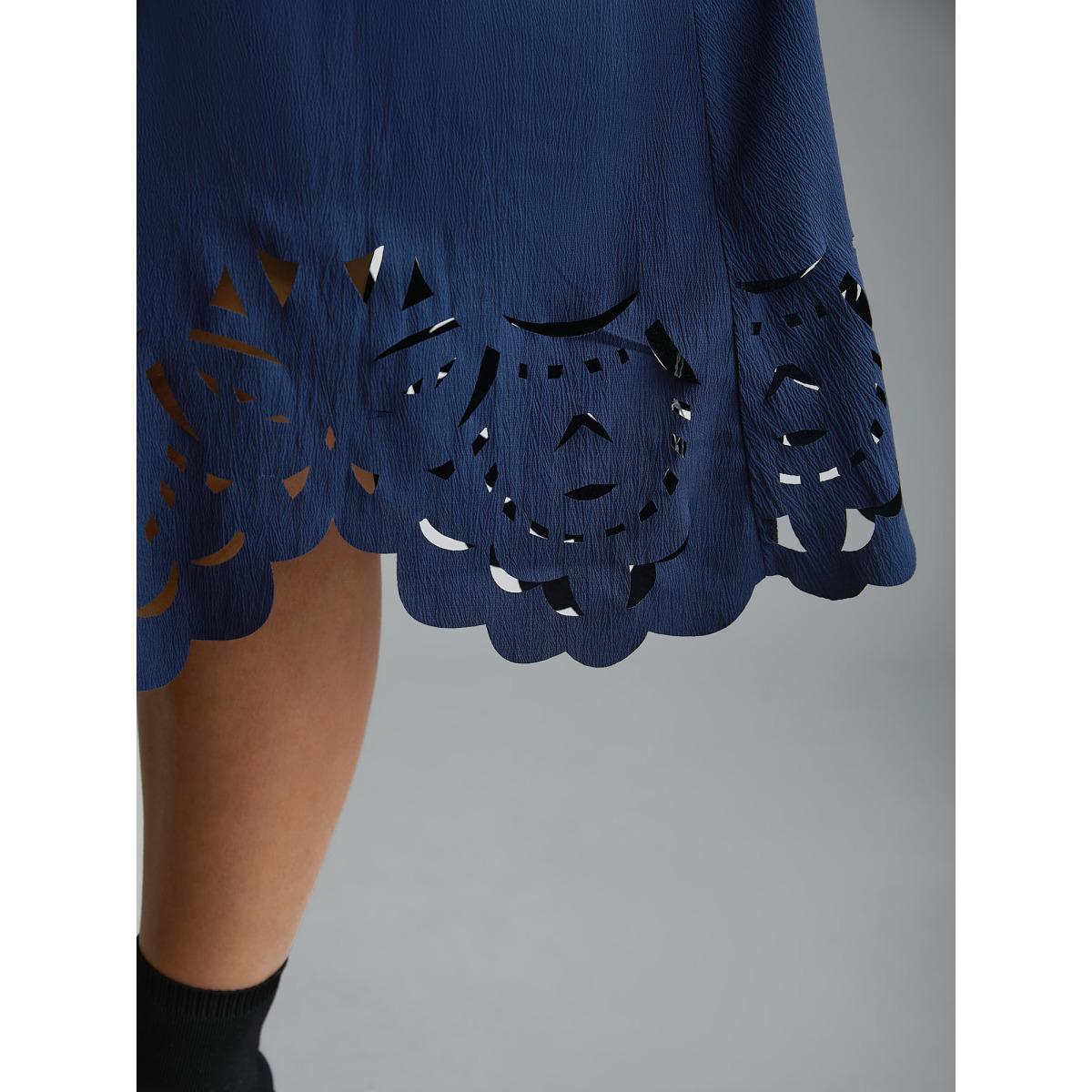 Plus Size Laser Cut Elastic Waist Pocketed Midi Dress Navy Women Elegant Texture V-neck Long Sleeve Curvy BloomChic 14-16/1X Product Image