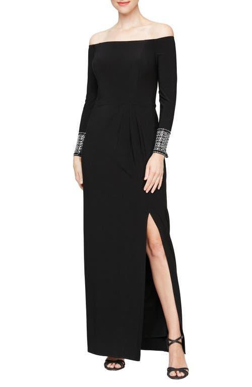 Alex Evenings Long Matte Jersey Off the Shoulder Gown with Beaded Cuff Long Sleeves Women's Dress Product Image