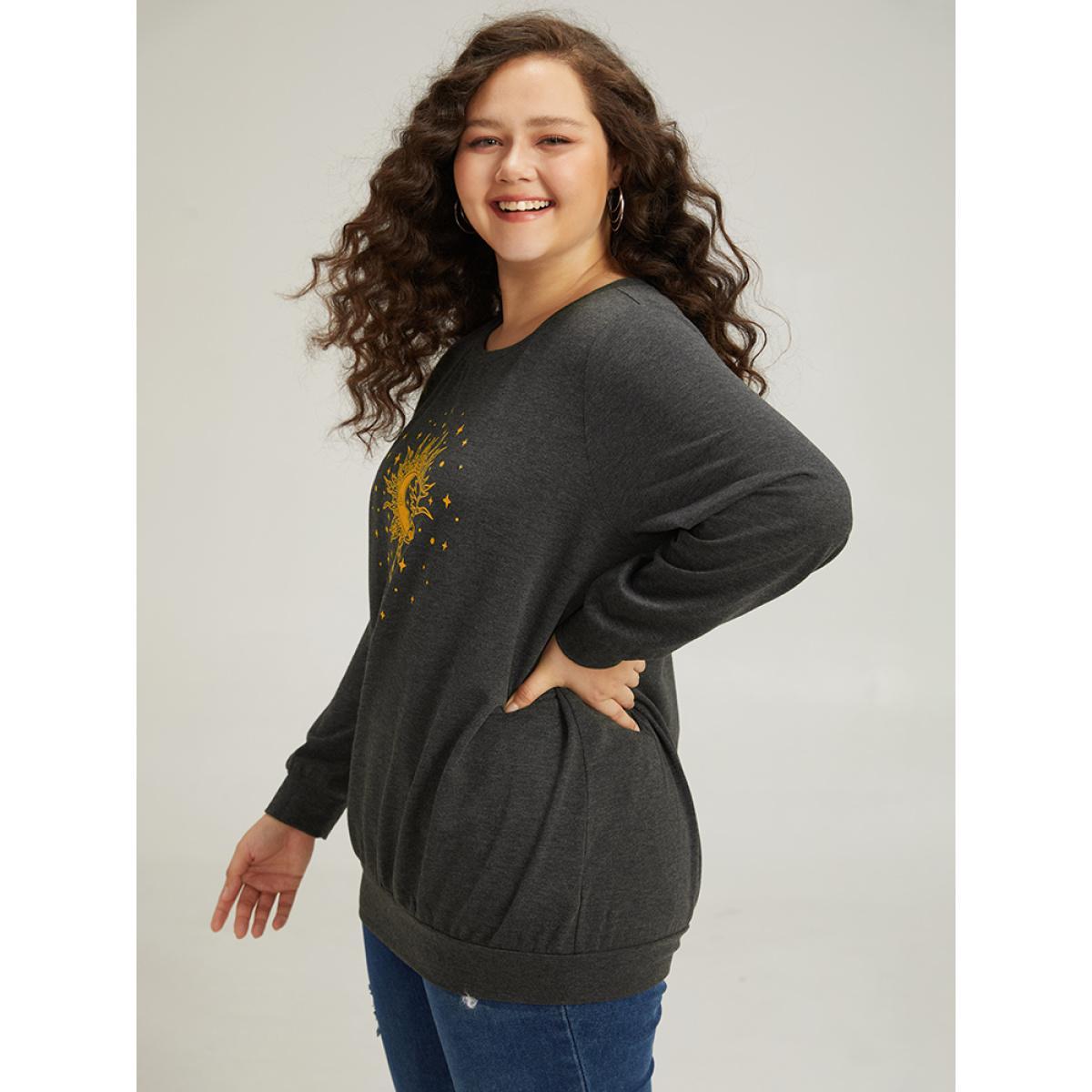Plus Size Moon and Star Print Crew Neck Elastic Cuffs Sweatshirt Women Gray Casual Elastic cuffs Dailywear Sweatshirts BloomChic 22-24/3X Product Image