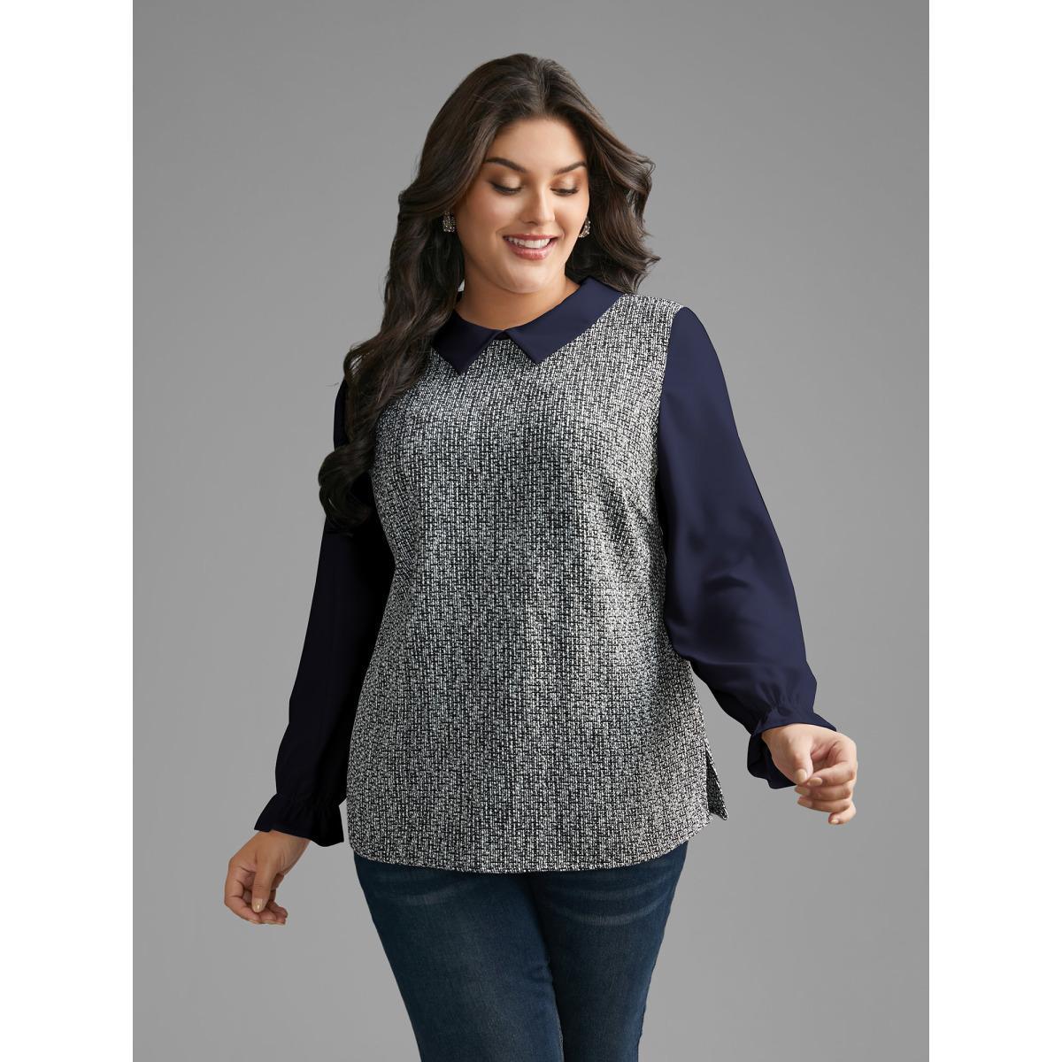 Plus Size Indigo Tweed Patchwork Lantern Sleeve Blouse Women At the Office Long Sleeve Shirt collar Work Blouses BloomChic 26/4X Product Image