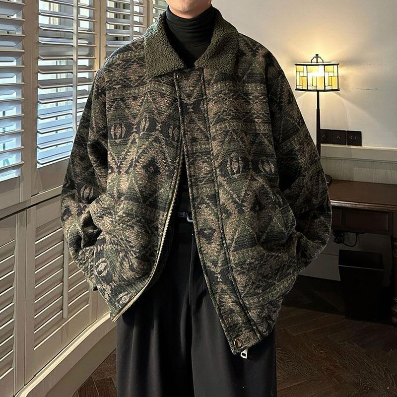 Long Sleeve Stand Collar Geometric Print Zip Up Coat Product Image
