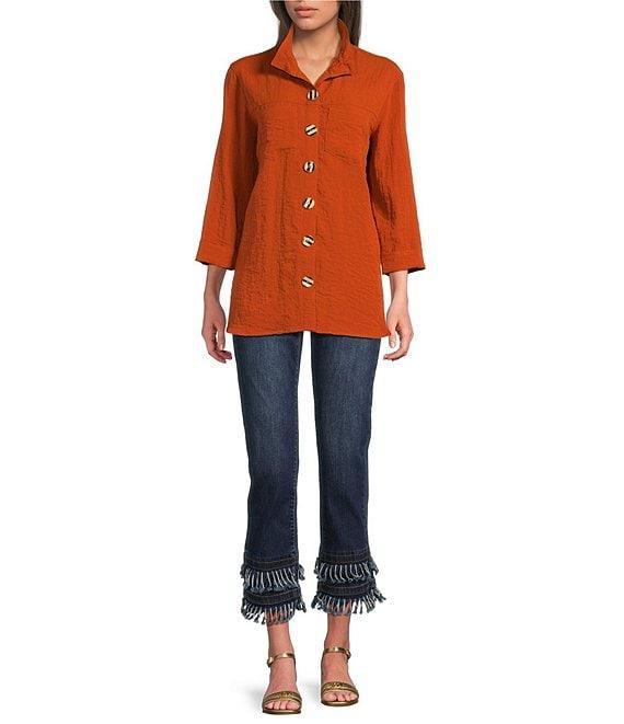 John Mark Solid Woven 3/4 Sleeve Wire Collared Button Front Patch Pocket Camp Shirt Product Image